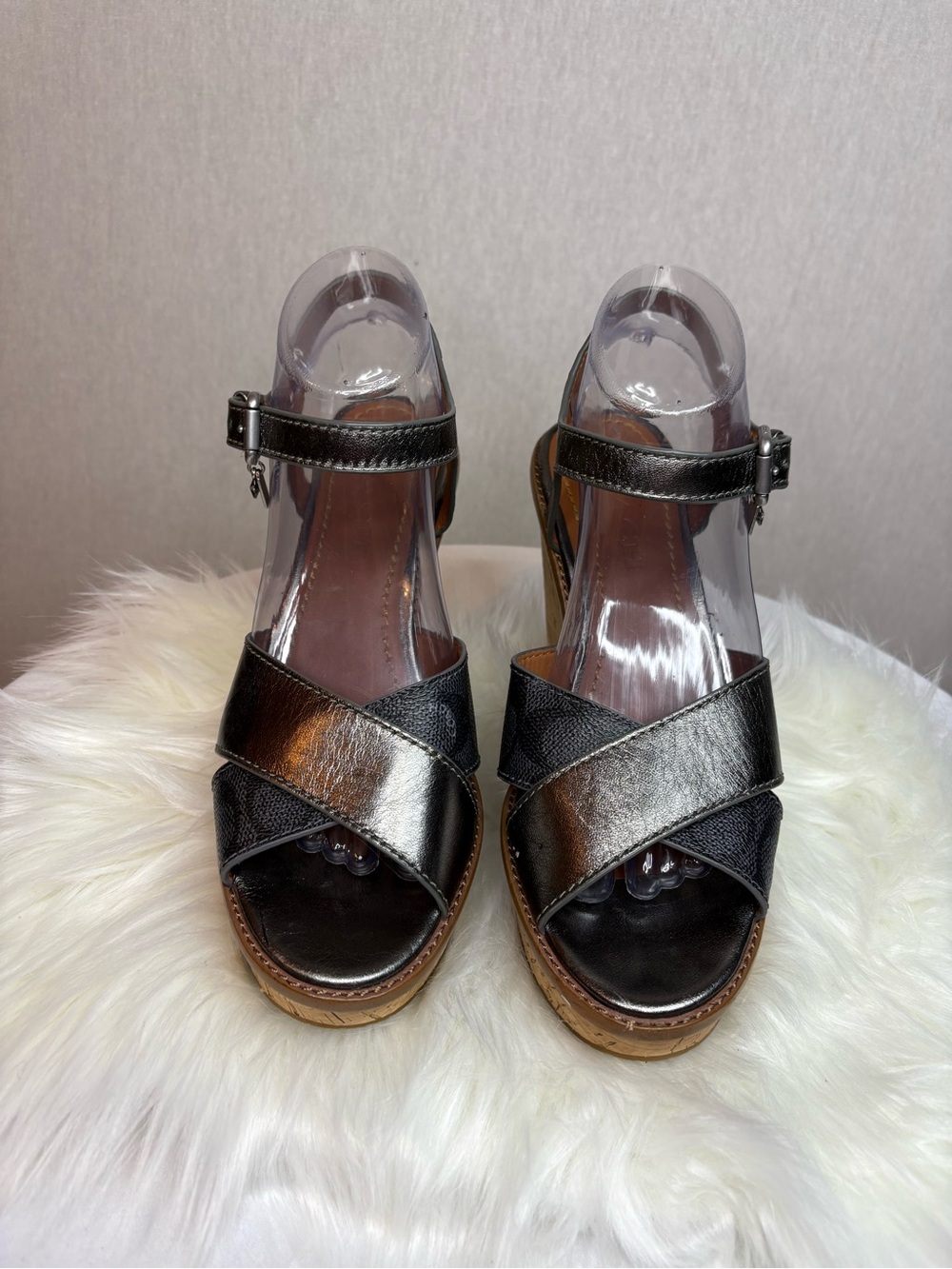 Coach Metallic Black Cross-Strap Wedge Sandals - Picture 2 of 4
